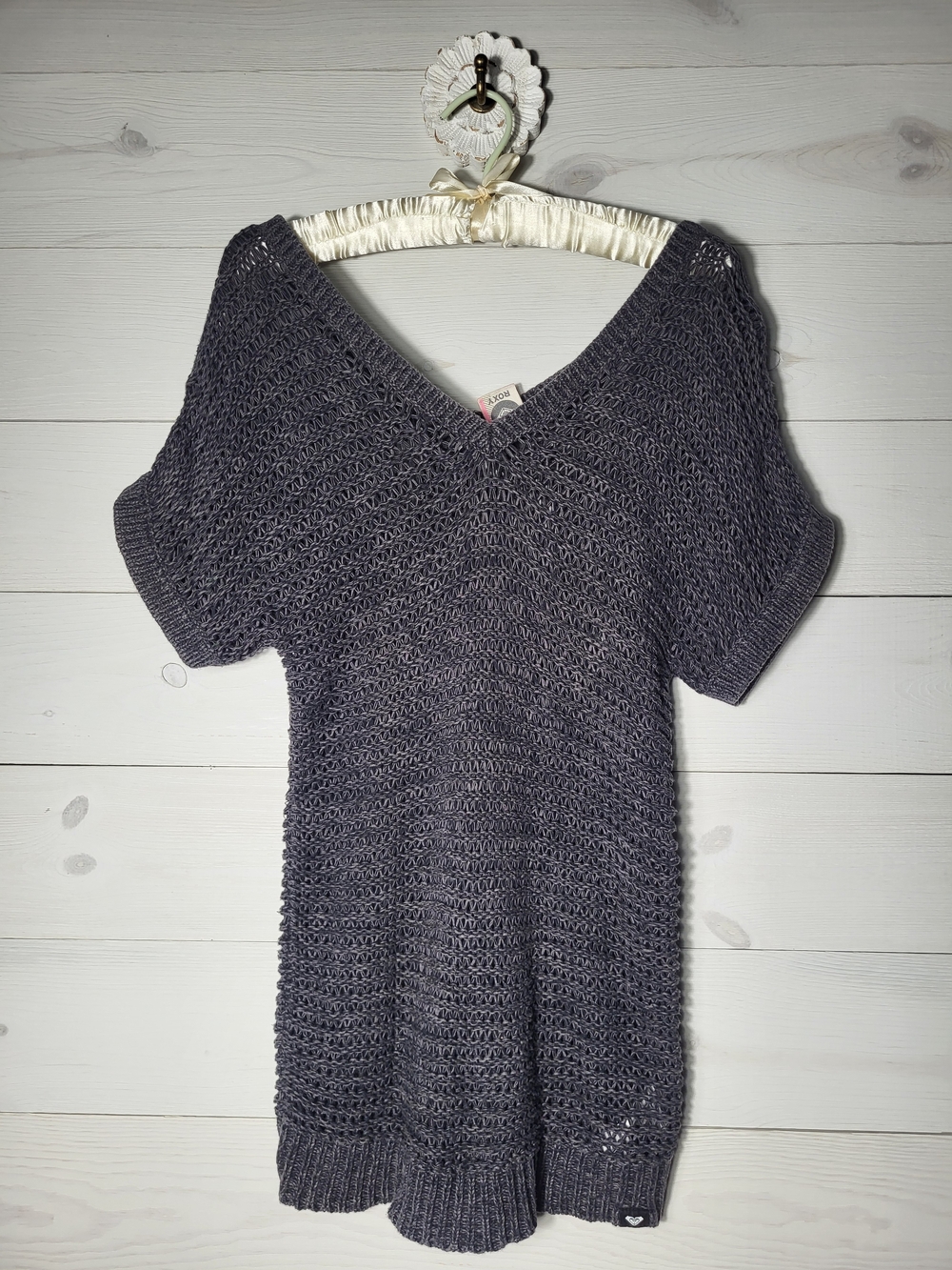 Y2K Roxy Sweater Open-Knit Cotton Short Sleeve V-Neck Summer Beach.